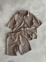 Мужской Льняной Летний Костюм Мокко Рубашка Шорты Жатка с Вышивкой
