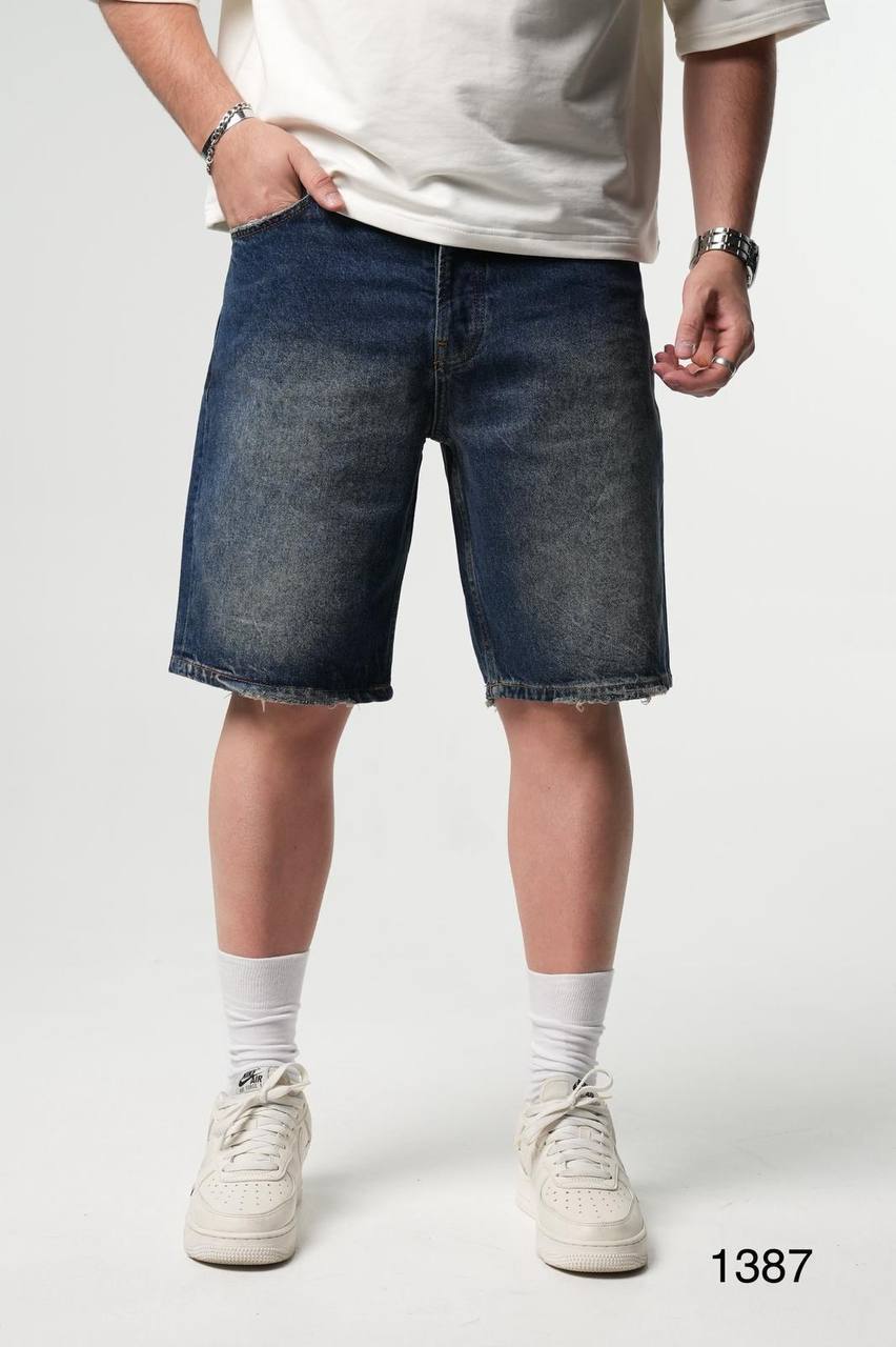 photo_2025-07-14_13-18-30 Мужские Свободные Прямые Темно-Синие Джинсовые Шорты с Потертостями