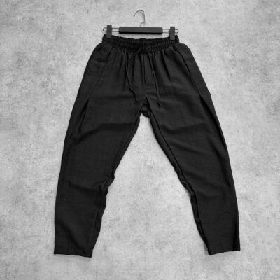 Мужские Свободные Летние Черные Штаны Лен Жатка на Резинке