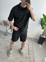 Мужской Льняной Черный Летний Костюм Рубашка Шорты Жатка с Вышивкой