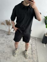 Мужской Льняной Черный Летний Костюм Рубашка Шорты Жатка с Вышивкой