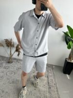 Мужской Льняной Серый Летний Костюм Рубашка Шорты Жатка
