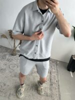Мужской Льняной Серый Летний Костюм Рубашка Шорты Жатка