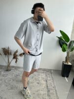 Мужской Льняной Серый Летний Костюм Рубашка Шорты Жатка