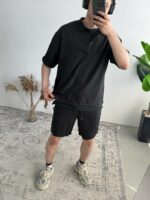 Мужской Льняной Черный Летний Костюм Рубашка Шорты Жатка