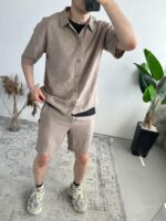 Мужской Льняной Летний Костюм Мокко Рубашка Шорты Жатка
