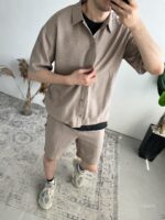 Мужской Льняной Летний Костюм Мокко Рубашка Шорты Жатка