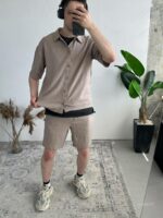 Мужской Льняной Летний Костюм Мокко Рубашка Шорты Жатка