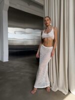 Женский Белый Пляжный Комплект с Ажурной Вязки - Укороченный Топ + Длинная Юбка