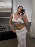 Женский Белый Пляжный Комплект с Ажурной Вязки - Укороченный Топ + Длинная Юбка