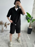 Мужской Свободный Летний Черный Костюм Рубашка Шорты в Рубчик