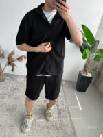 Мужской Свободный Летний Черный Костюм Рубашка Шорты в Рубчик