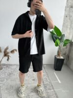 Мужской Свободный Летний Черный Костюм Рубашка Шорты в Рубчик