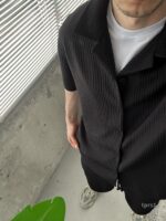 Мужской Свободный Летний Черный Костюм Рубашка Шорты в Рубчик