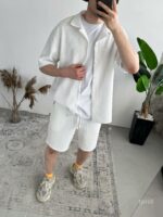 Мужской Свободный Летний Белый Костюм Рубашка Шорты в Рубчик