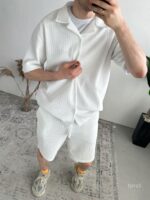 Мужской Свободный Летний Белый Костюм Рубашка Шорты в Рубчик