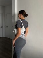 Женское Графитовое Платье Миди в Рубчик - Облегающее с Воротником и Короткими Рукавами
