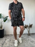 Мужской Черный Летний Пляжный Костюм Комплект в Принт Осьминог - Рубашка Гавайка + Шорты
