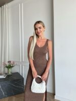 Женское Летнее Платье Мокко - Длинное из Фактурной Ткани с Разрезом Сбоку