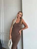 Женское Летнее Платье Мокко - Длинное из Фактурной Ткани с Разрезом Сбоку