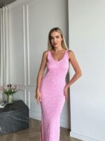 Женское Летнее Розовое Платье - Длинное из Фактурной Ткани с Разрезом Сбоку
