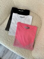 Женская Розовая Футболка Свободного Кроя со Стразами Имитирующие Топ