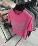 Женская Розовая Футболка Свободного Кроя со Стразами Имитирующие Топ