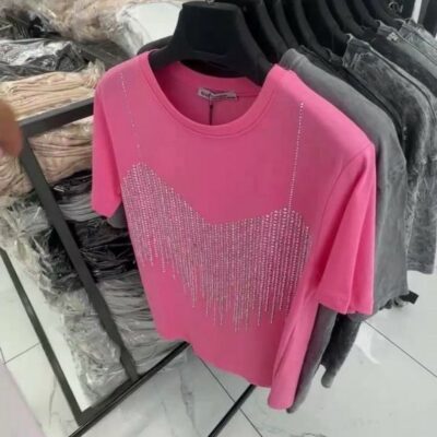 Женская Розовая Футболка Свободного Кроя со Стразами Имитирующие Топ
