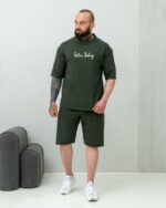 Мужской Летний Зеленый Комплект Футболка Шорты - Свободного Кроя с Кантом