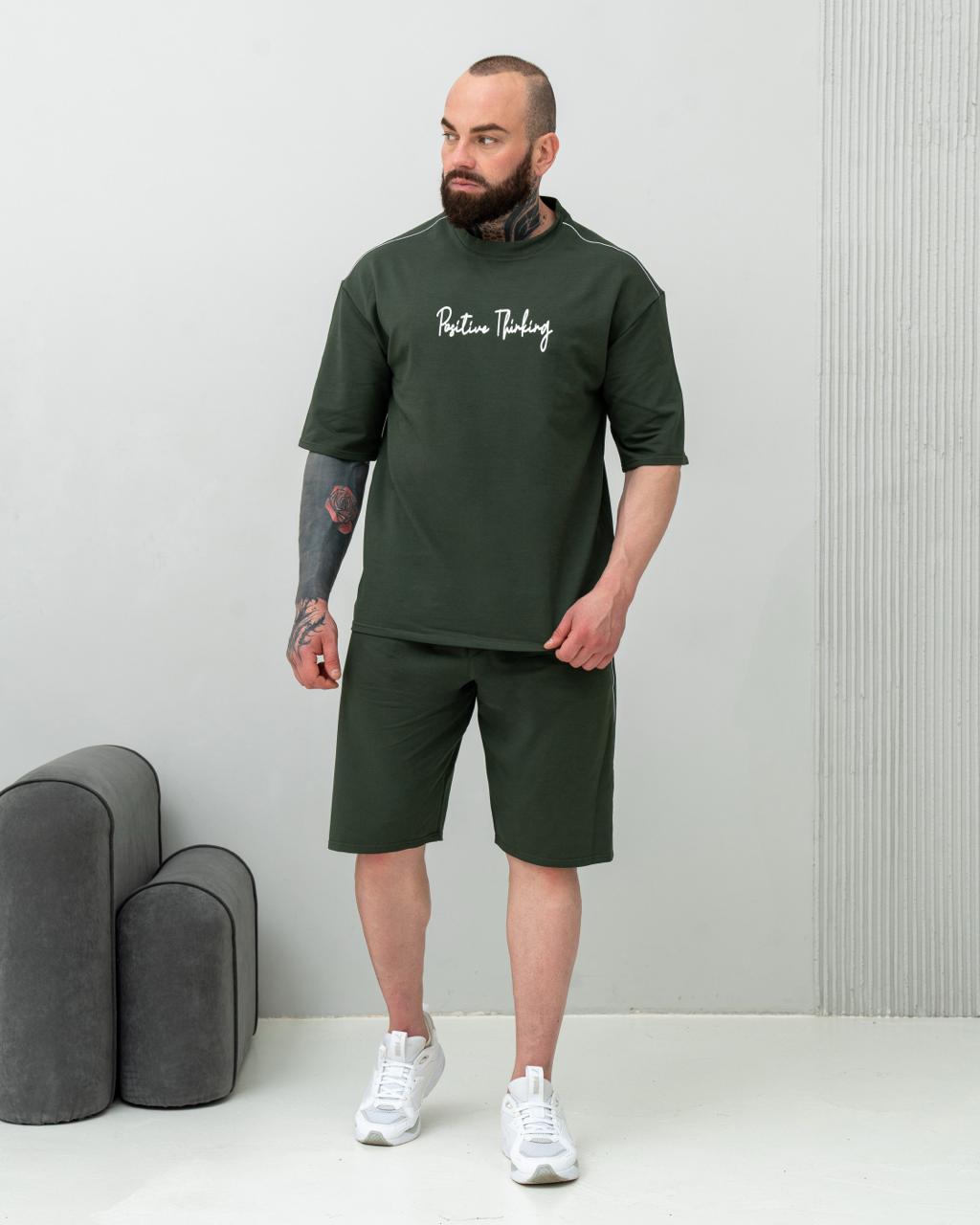 photo_2025-07-26_12-38-40 Мужской Летний Зеленый Комплект Футболка Шорты - Свободного Кроя с Кантом