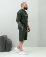 Мужской Летний Зеленый Комплект Футболка Шорты - Свободного Кроя с Кантом