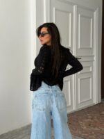 Женский Черный Кардиган Ажурной Вязки - Кофта на Пуговицах с Рукавами Клеш