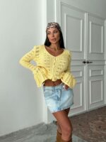 Женский Желтый Кардиган Ажурной Вязки - Кофта на Пуговицах с Рукавами Клеш