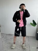 Мужской Черный Костюм на Молнии с Обрезаными Краями - Комплект Зип Худи и Шорты