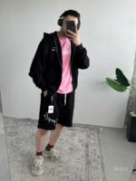 Мужской Черный Костюм на Молнии с Обрезаными Краями - Комплект Зип Худи и Шорты