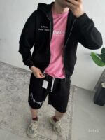 Мужской Черный Костюм на Молнии с Обрезаными Краями - Комплект Зип Худи и Шорты