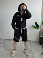 Мужской Черный Костюм на Молнии с Обрезаными Краями - Комплект Зип Худи и Шорты