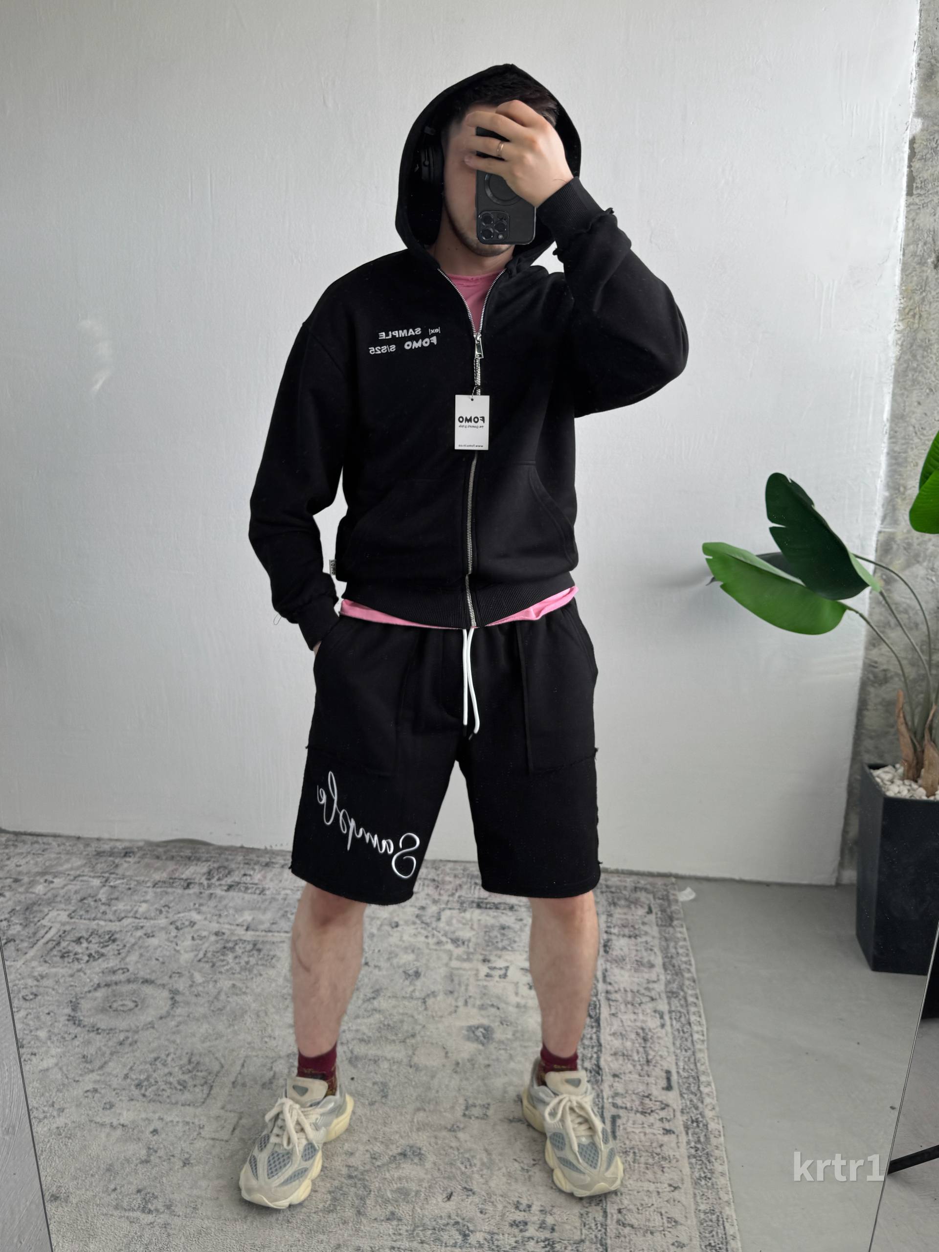 photo_2025-07-27_20-11-12 (2) Мужской Черный Костюм на Молнии с Обрезаными Краями - Комплект Зип Худи и Шорты