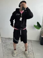 Мужской Черный Костюм на Молнии с Обрезаными Краями - Комплект Зип Худи и Шорты