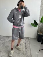 Мужской Серый Костюм на Молнии с Обрезаными Краями - Комплект Зип Худи и Шорты