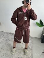 Мужской Коричневый Костюм на Молнии с Обрезаными Краями - Комплект Зип Худи и Шорты