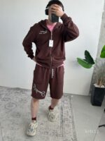 Мужской Коричневый Костюм на Молнии с Обрезаными Краями - Комплект Зип Худи и Шорты