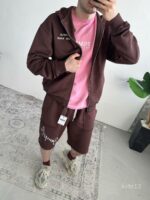 Мужской Коричневый Костюм на Молнии с Обрезаными Краями - Комплект Зип Худи и Шорты