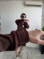 Мужской Коричневый Костюм на Молнии с Обрезаными Краями - Комплект Зип Худи и Шорты