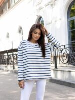 Женский Белый Лонгслив Оверсайз в Черную Полоску