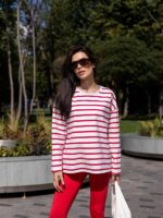 Женский Белый Лонгслив Оверсайз в Красную Полоску