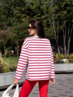 Женский Белый Лонгслив Оверсайз в Красную Полоску