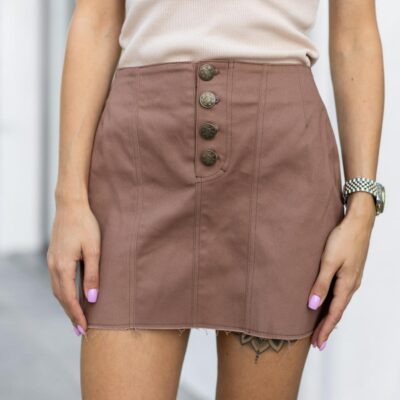 Женская Трикотажная Коричневая Юбка Мини с Рельефными Швами и Необработанным Краем