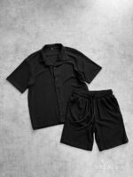 Мужской Базовый Трикотажный Летний Черный Костюм Свободного Кроя (Рубашка + Шорты)