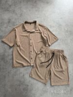 Мужской Базовый Трикотажный Летний Бежевый Костюм Свободного Кроя (Рубашка + Шорты)